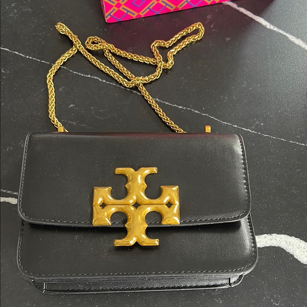 Tory Burch Black Gold Crossbody Bag with Logo